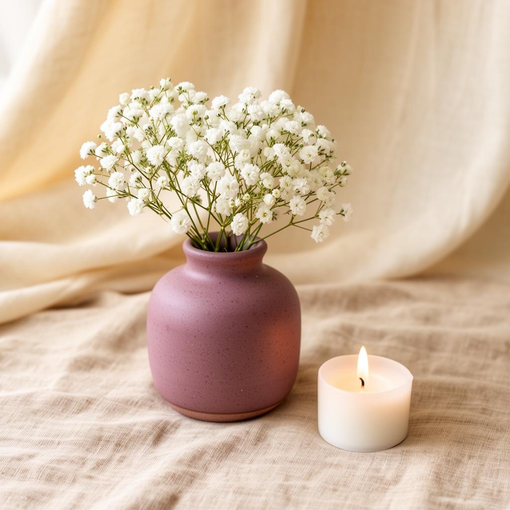 Dusty mauve vase with baby's breath beside a lit tea light on linen