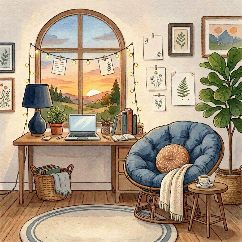 A soft watercolor scene of a cozy online counselling corner with a writing desk, open laptop, plants, and a cushioned chair