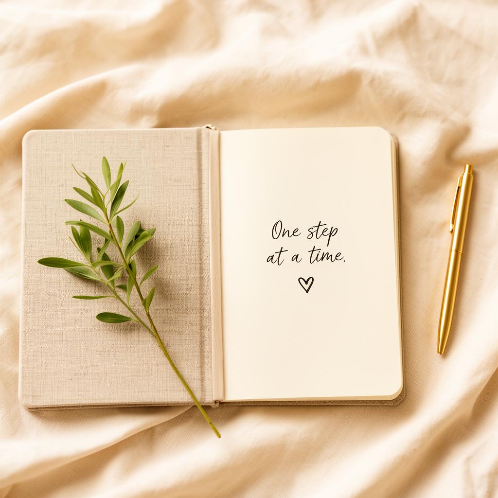 Open linen journal with handwritten 'One step at a time' and a green sprig