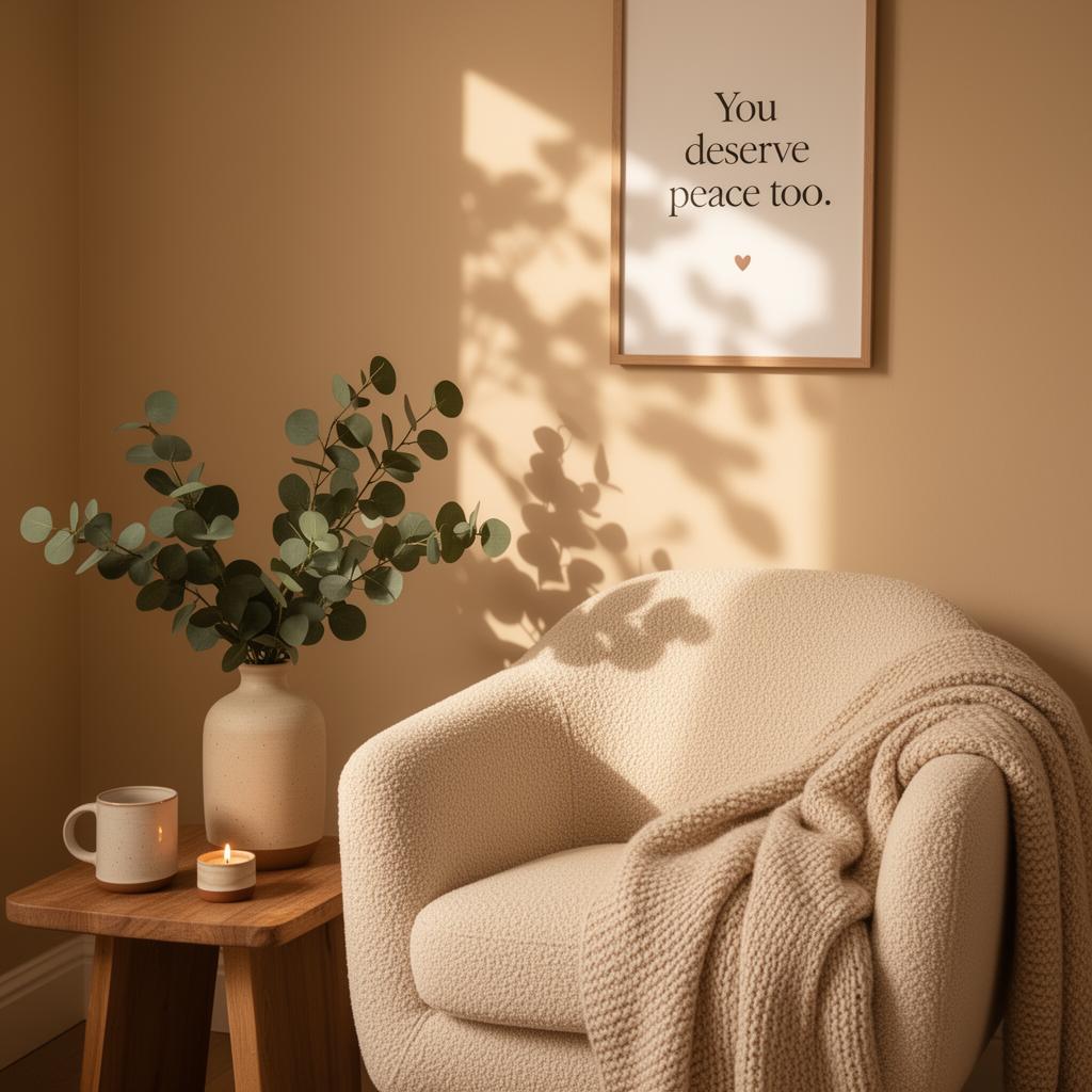 Cozy cream armchair with knit throw beside a wooden table holding eucalyptus and a candle, with a framed 'You deserve peace too' print on a warm beige wall
